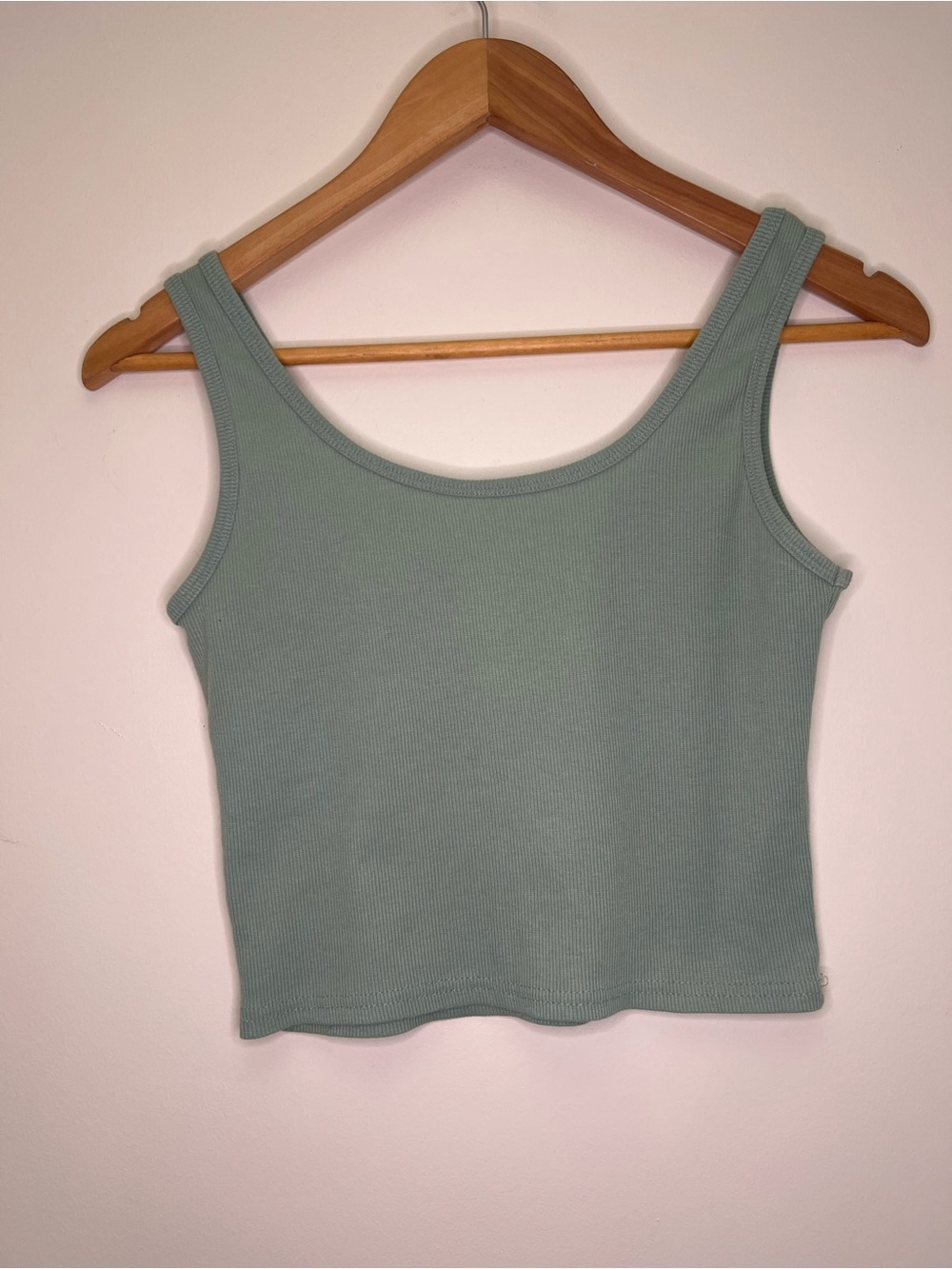 Y2K Ribbed Tank Top Lime Beaded Detail Sage Green Crop Stretch - Picture 3 of 6